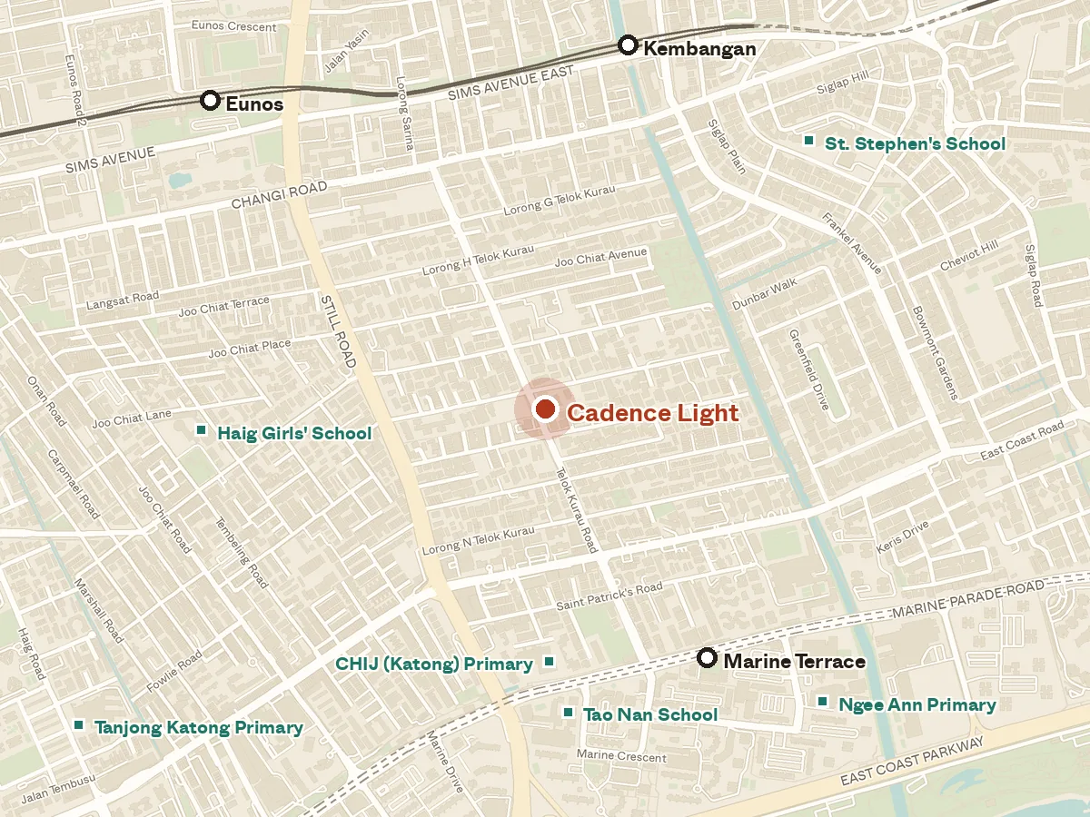 Map of the area around Cadence Light, with nearby MRT stations and primary schools