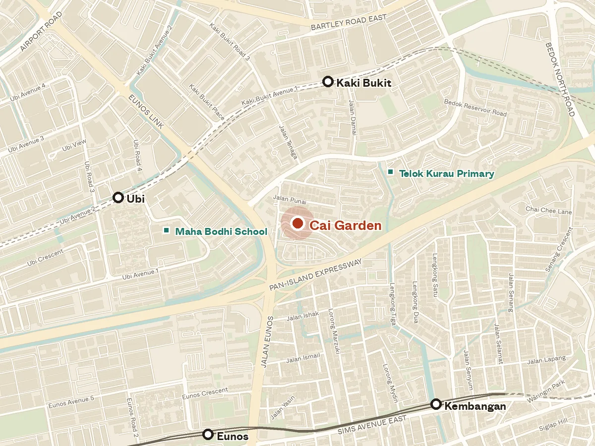 Map of the area around Cai Garden, with nearby MRT stations and primary schools