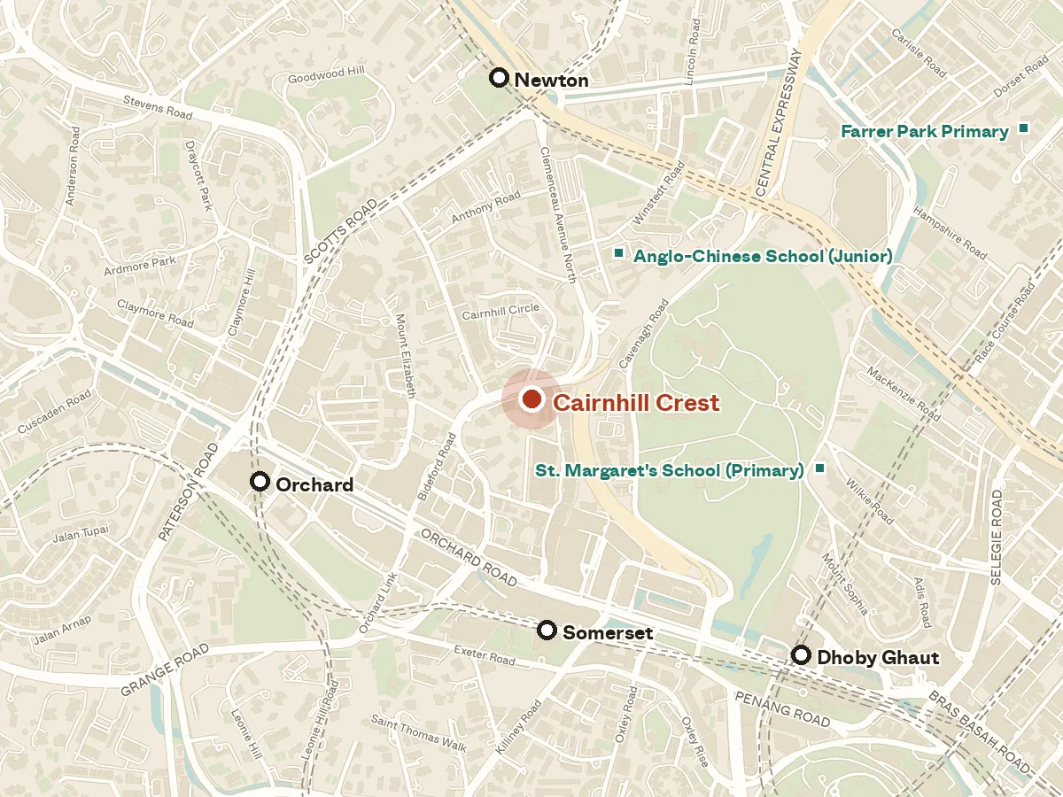 Map of the area around Cairnhill Crest, with nearby MRT stations and primary schools