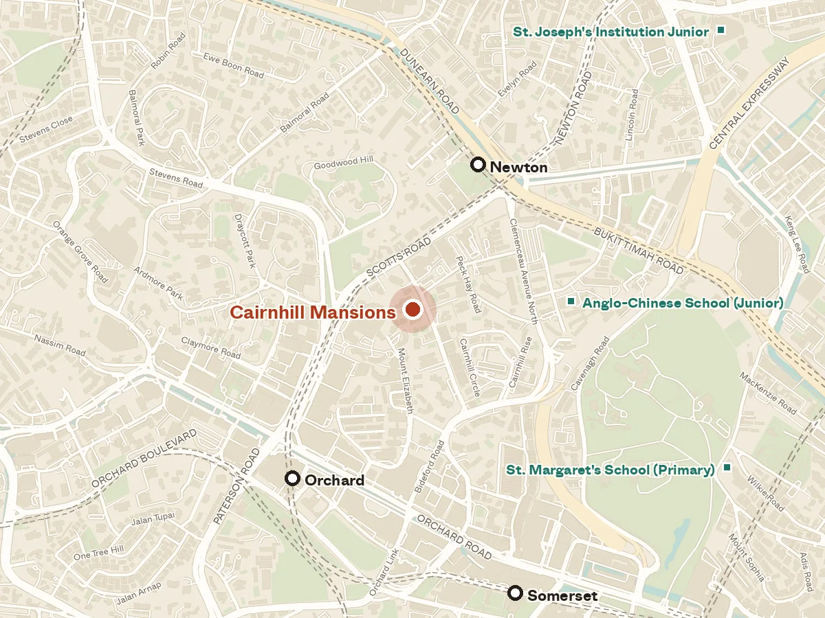 Map of the area around Cairnhill Mansions, with nearby MRT stations and primary schools