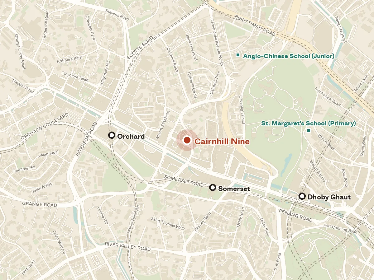 Map of the area around Cairnhill Nine, with nearby MRT stations and primary schools