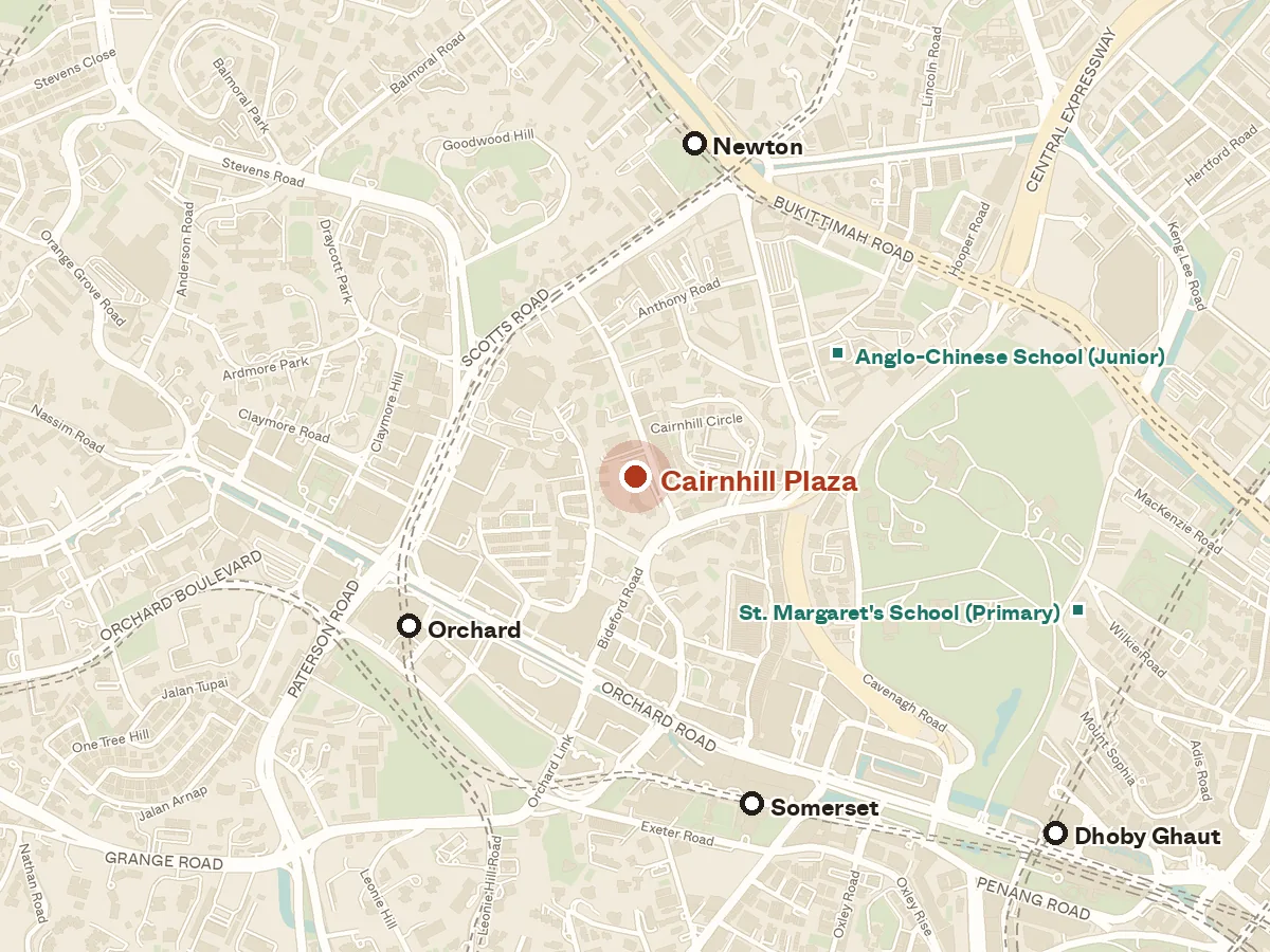 Map of the area around Cairnhill Plaza, with nearby MRT stations and primary schools