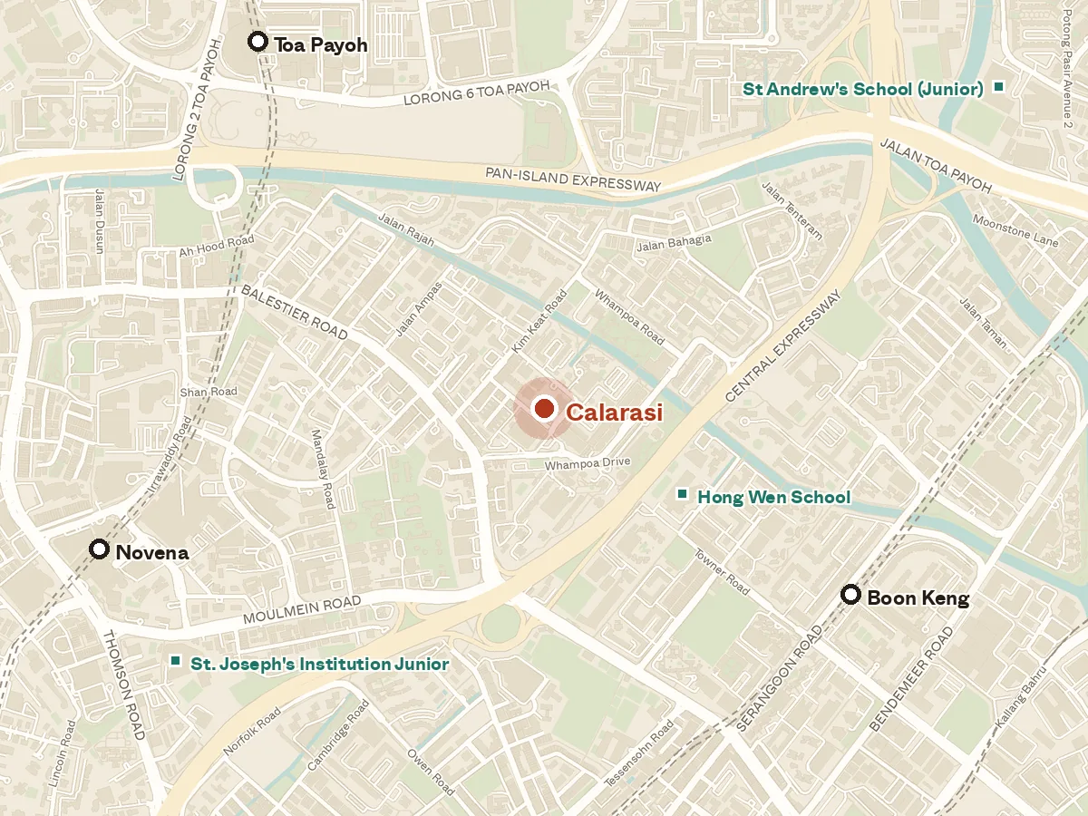 Map of the area around Calarasi, with nearby MRT stations and primary schools