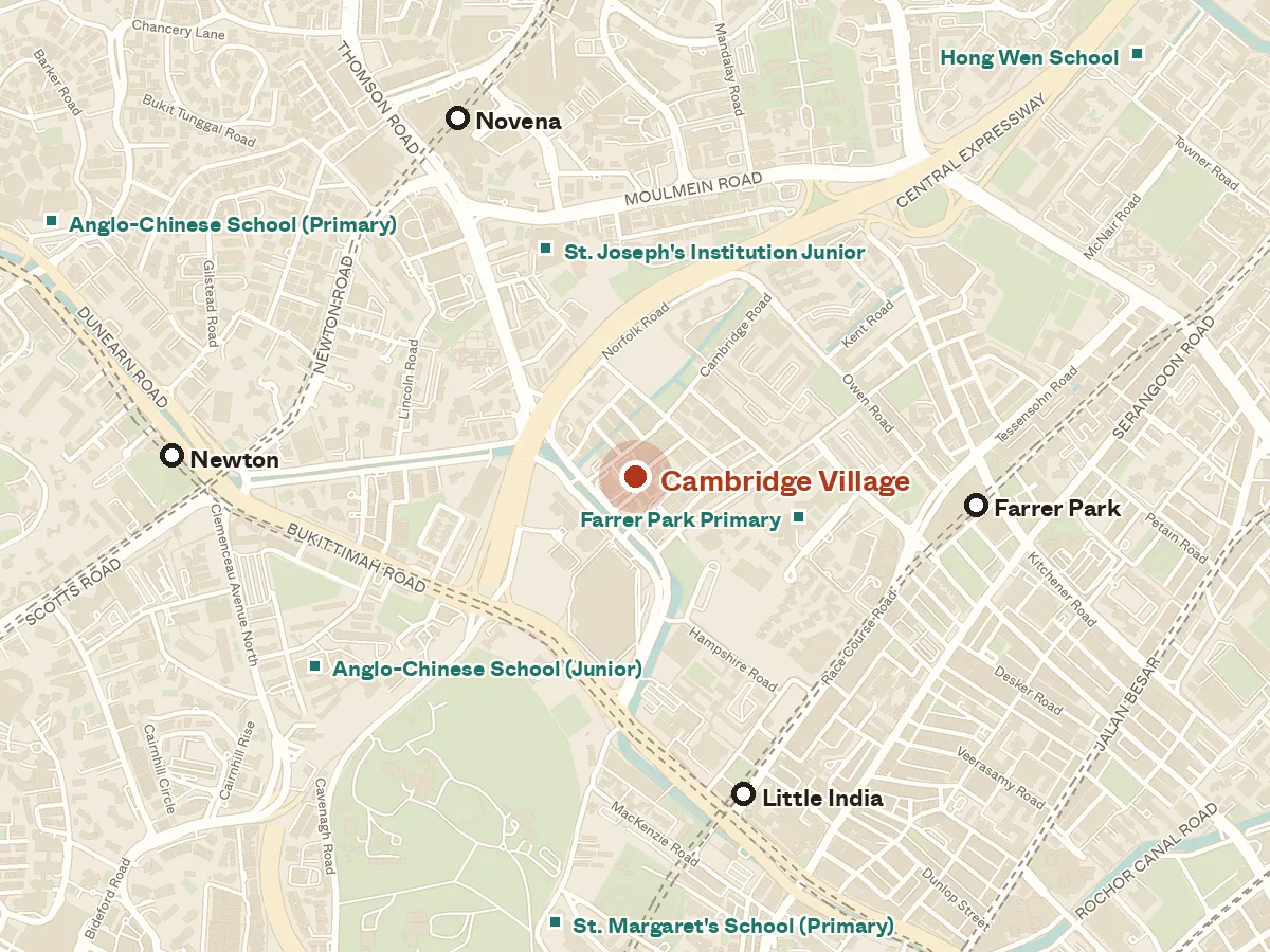 Map of the area around Cambridge Village, with nearby MRT stations and primary schools