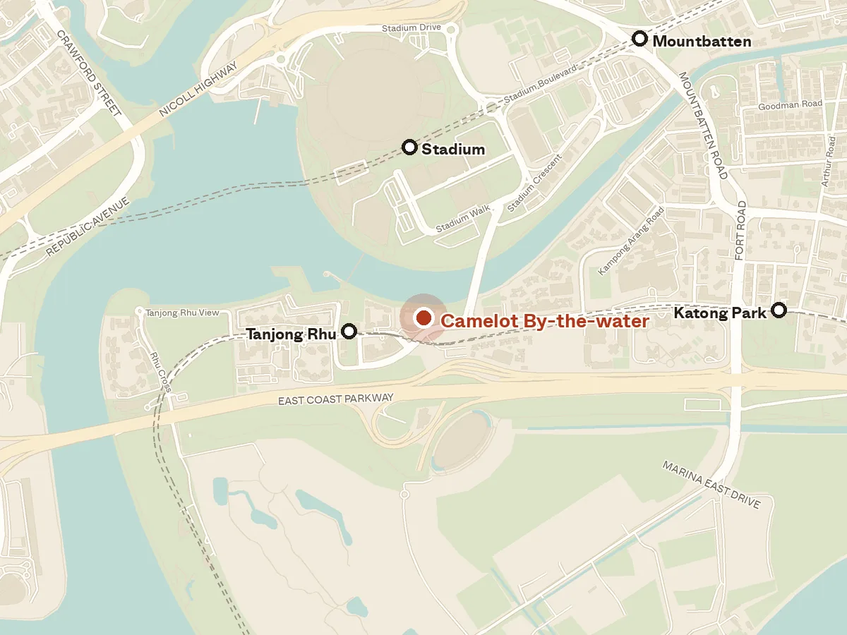 Map of the area around Camelot By-the-water, with nearby MRT stations and primary schools
