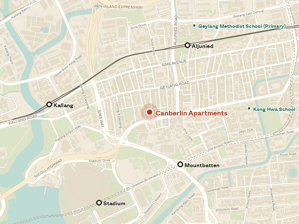 Map of the area around Canberlin Apartments, with nearby MRT stations and primary schools
