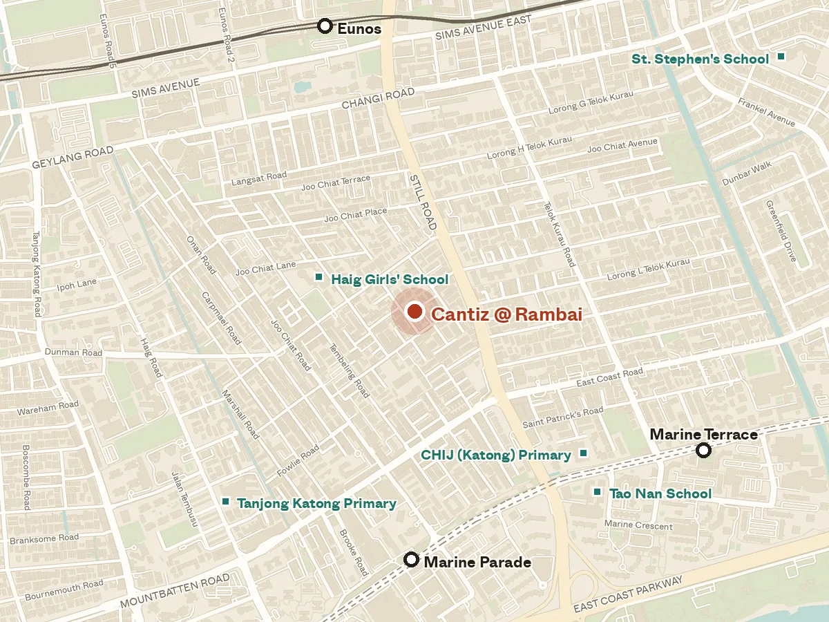 Map of the area around Cantiz @ Rambai, with nearby MRT stations and primary schools