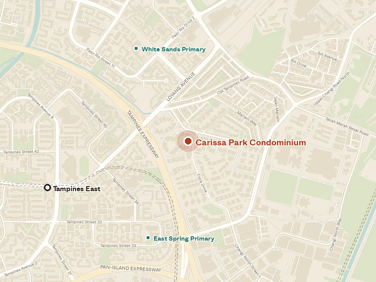 Map of the area around Carissa Park Condominium, with nearby MRT stations and primary schools