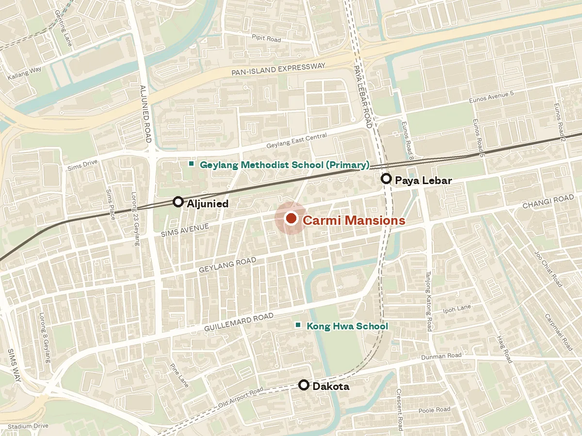 Map of the area around Carmi Mansions, with nearby MRT stations and primary schools