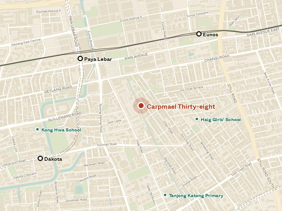 Map of the area around Carpmael Thirty-eight, with nearby MRT stations and primary schools