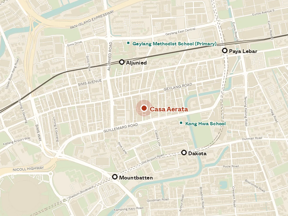 Map of the area around Casa Aerata, with nearby MRT stations and primary schools