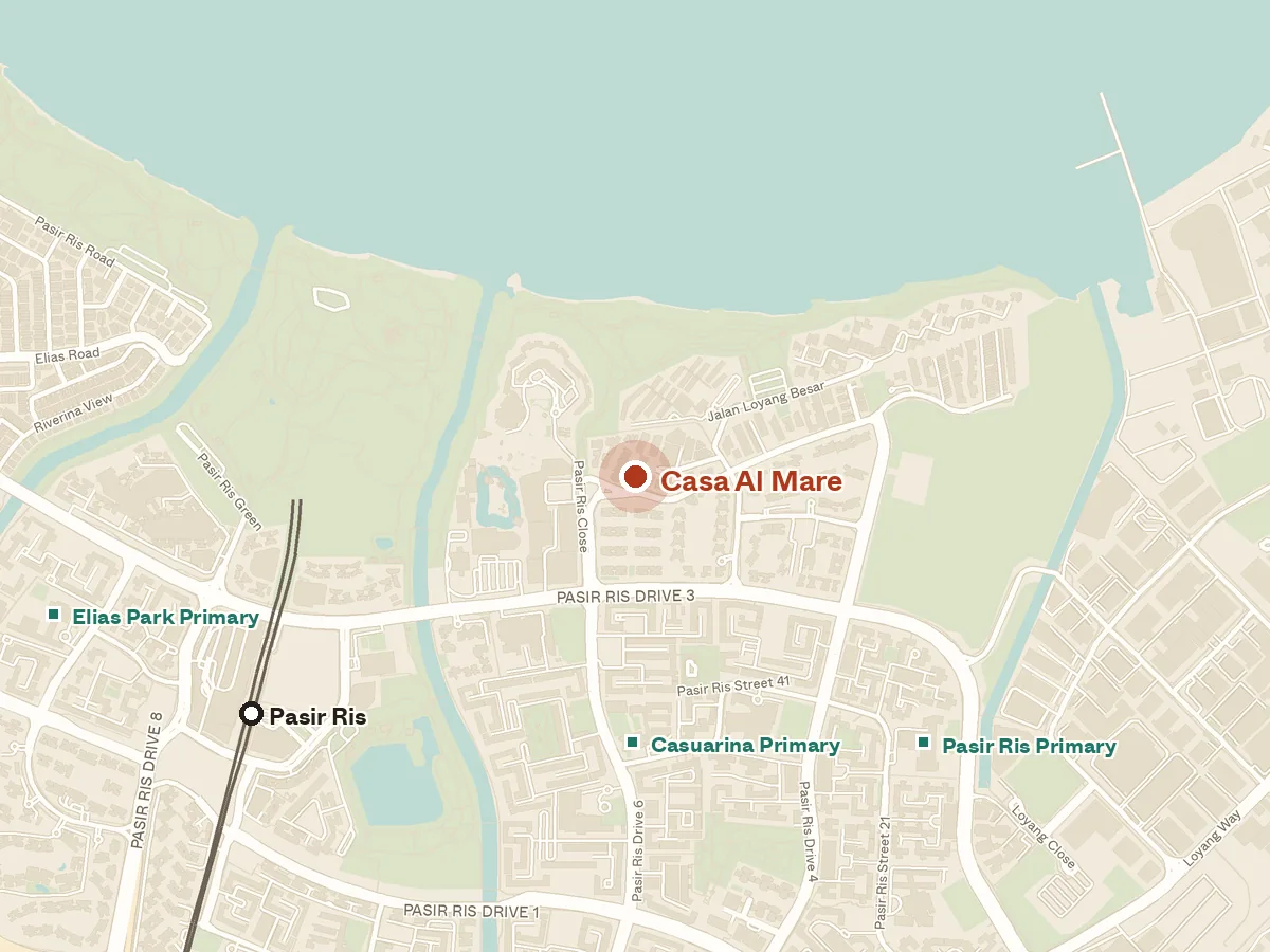 Map of the area around Casa Al Mare, with nearby MRT stations and primary schools