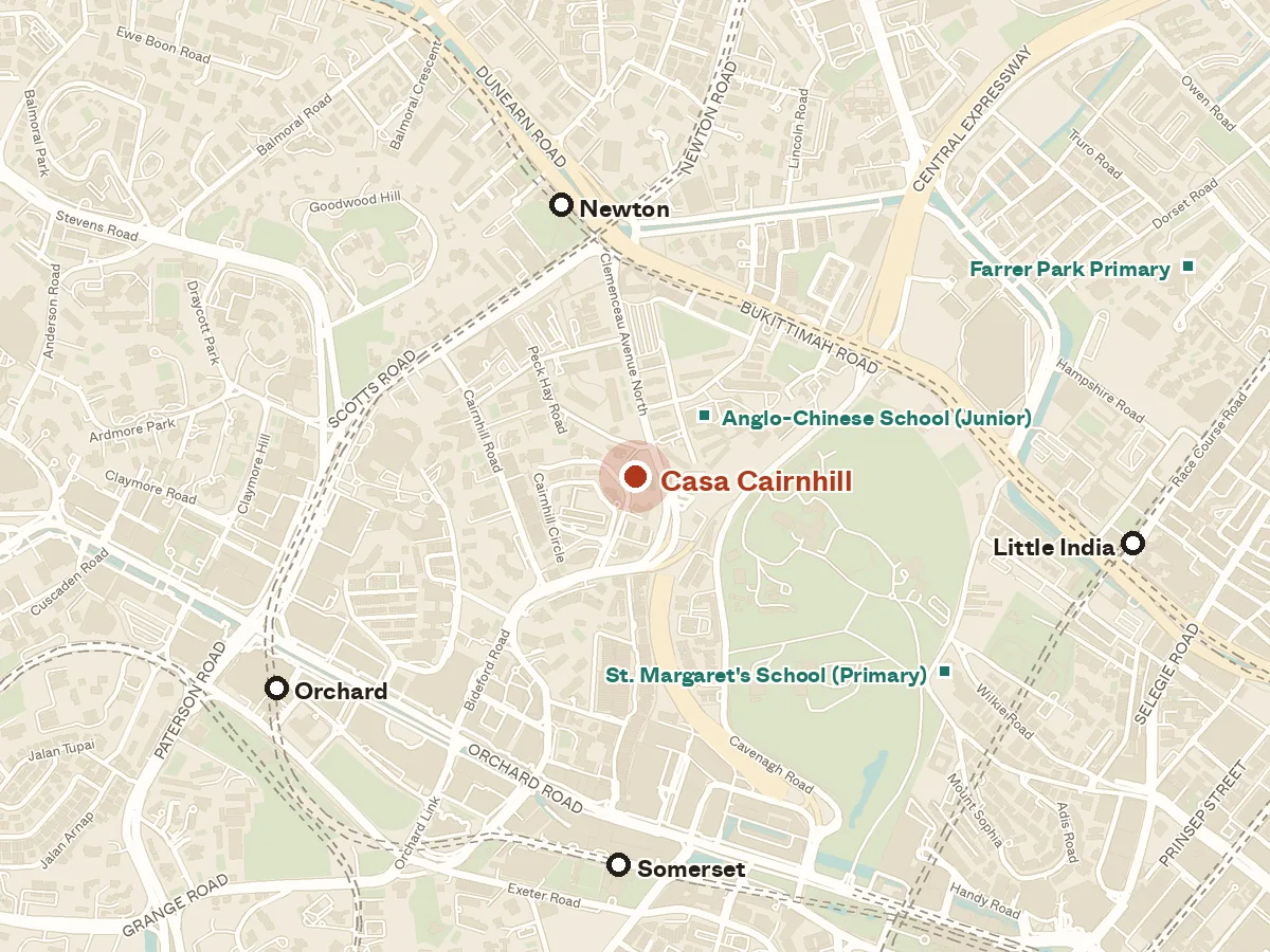 Map of the area around Casa Cairnhill, with nearby MRT stations and primary schools