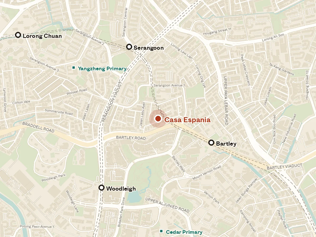 Map of the area around Casa Espania, with nearby MRT stations and primary schools