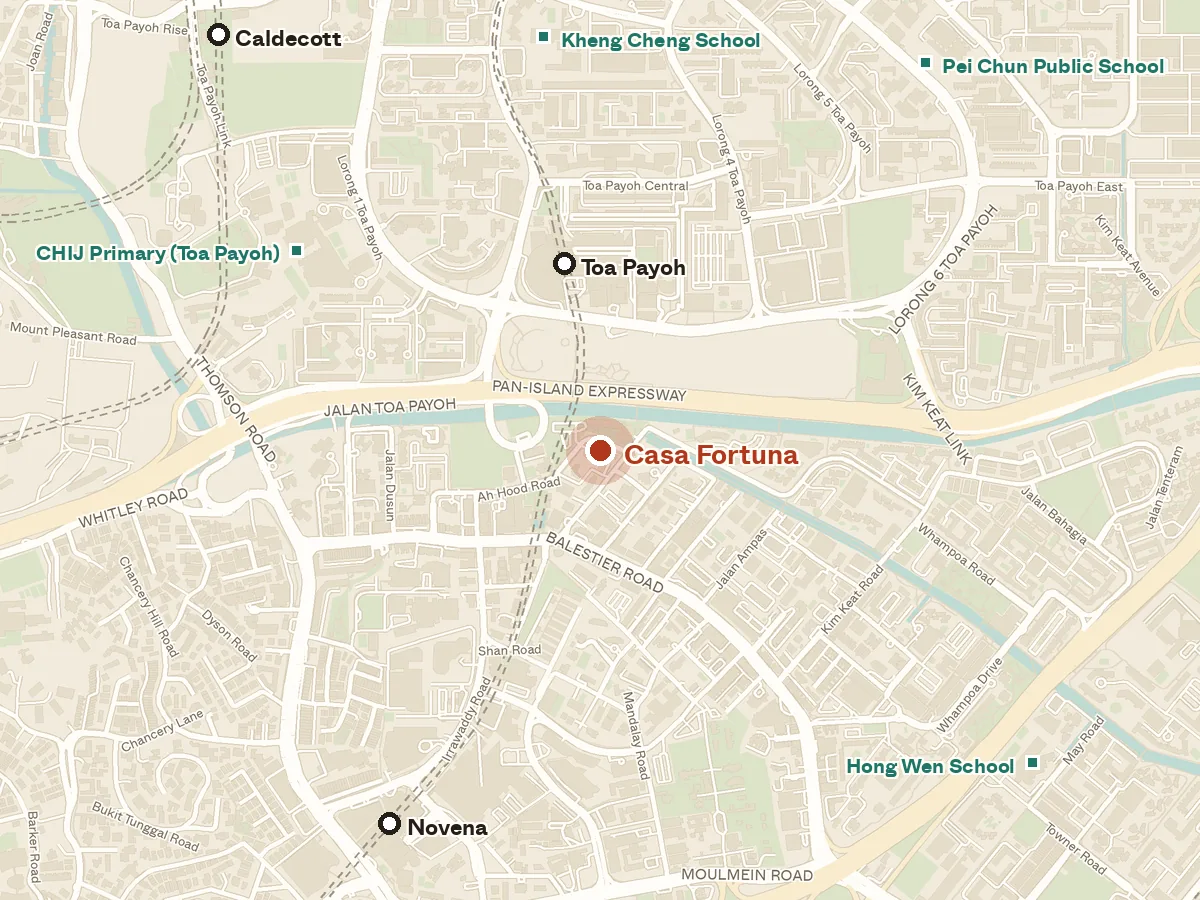 Map of the area around Casa Fortuna, with nearby MRT stations and primary schools