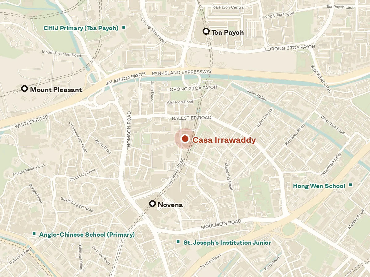 Map of the area around Casa Irrawaddy, with nearby MRT stations and primary schools