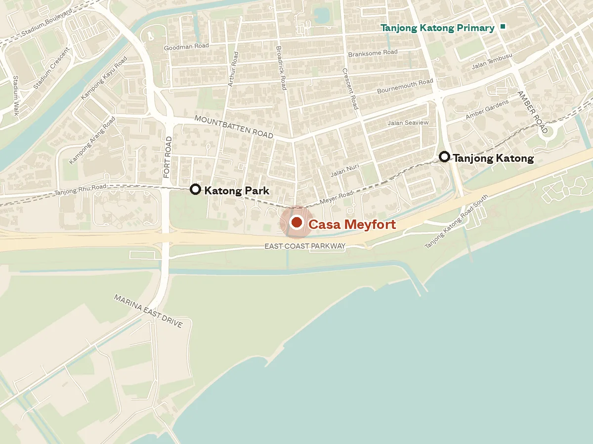 Map of the area around Casa Meyfort, with nearby MRT stations and primary schools