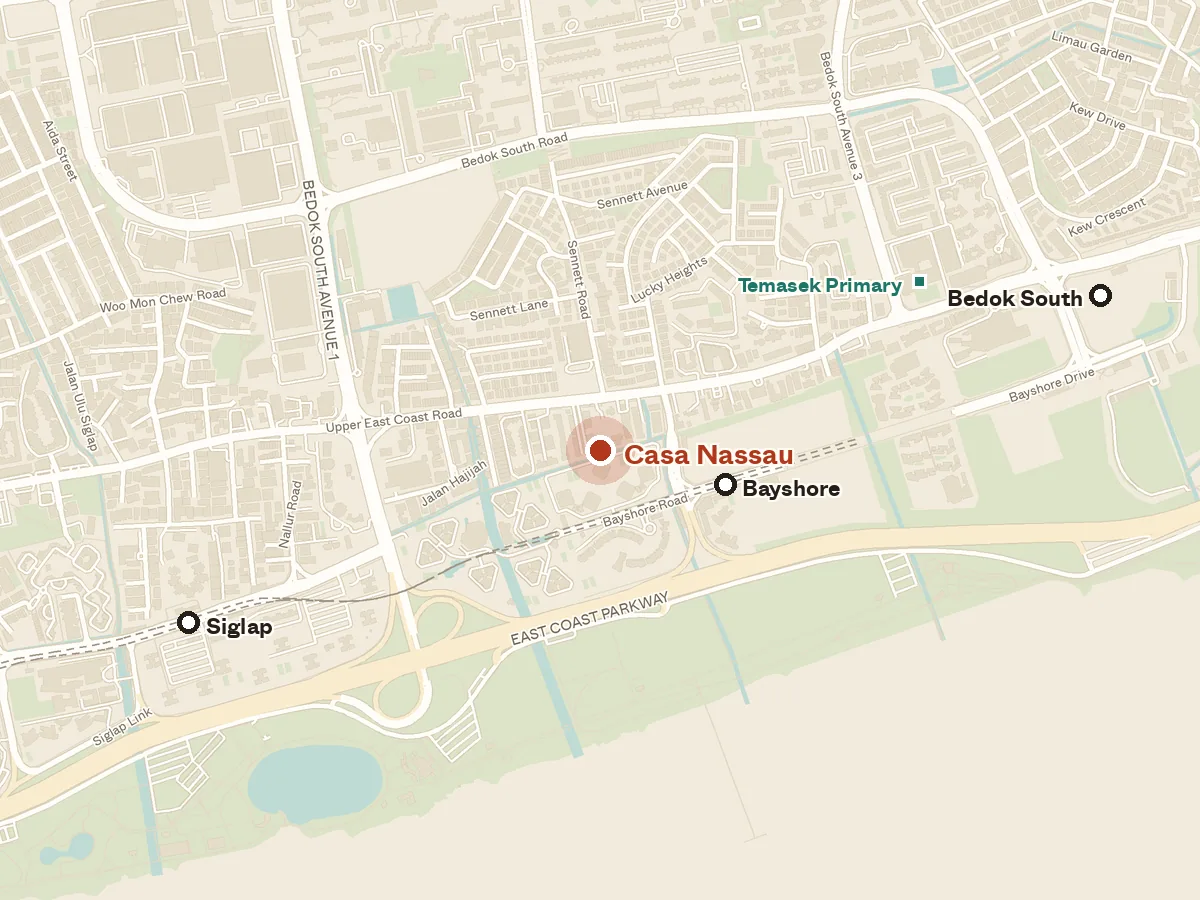 Map of the area around Casa Nassau, with nearby MRT stations and primary schools
