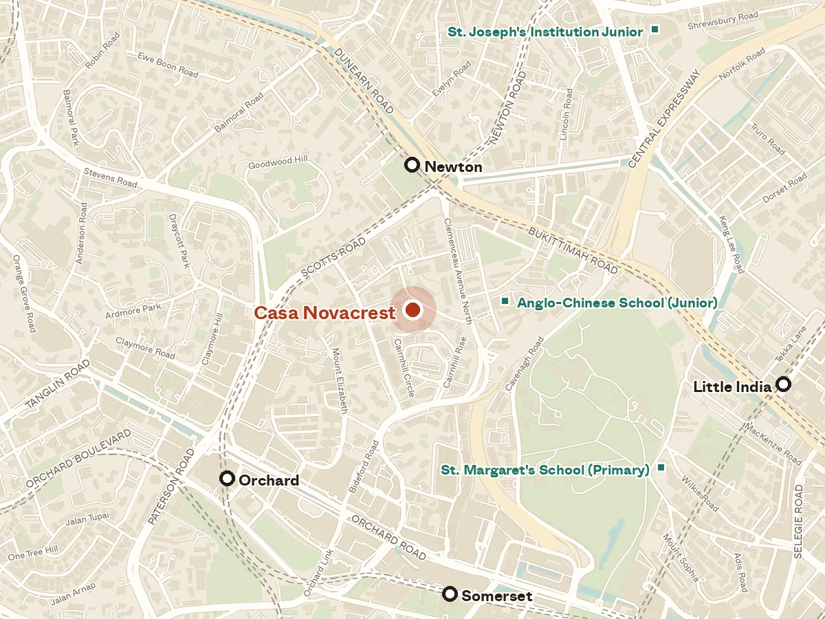 Map of the area around Casa Novacrest, with nearby MRT stations and primary schools