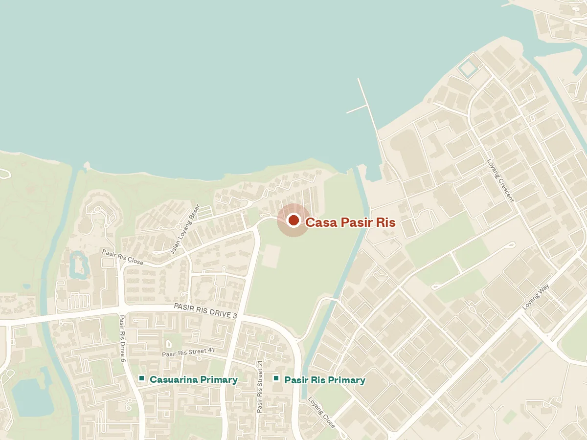 Map of the area around Casa Pasir Ris, with nearby MRT stations and primary schools