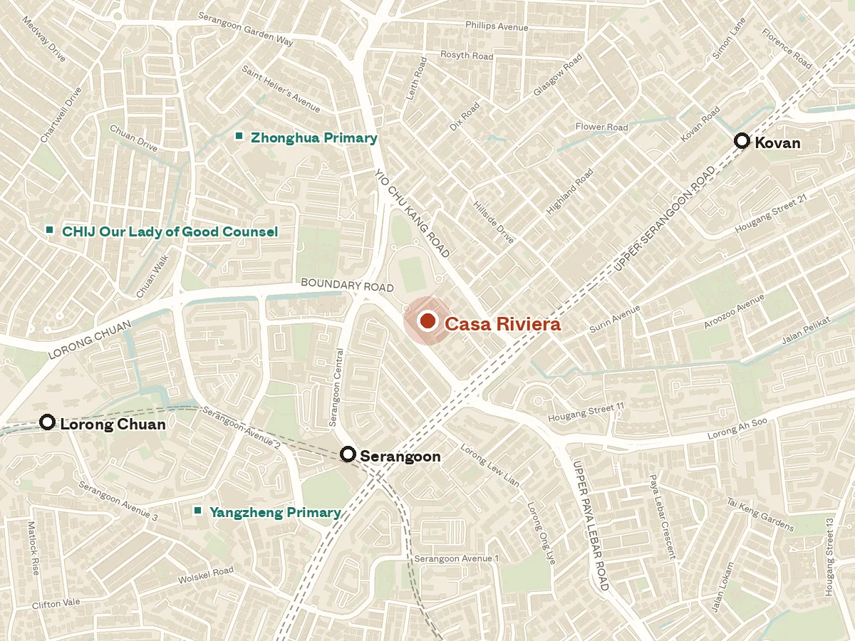 Map of the area around Casa Riviera, with nearby MRT stations and primary schools