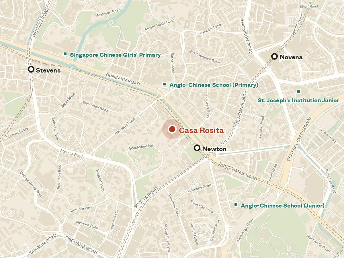 Map of the area around Casa Rosita, with nearby MRT stations and primary schools