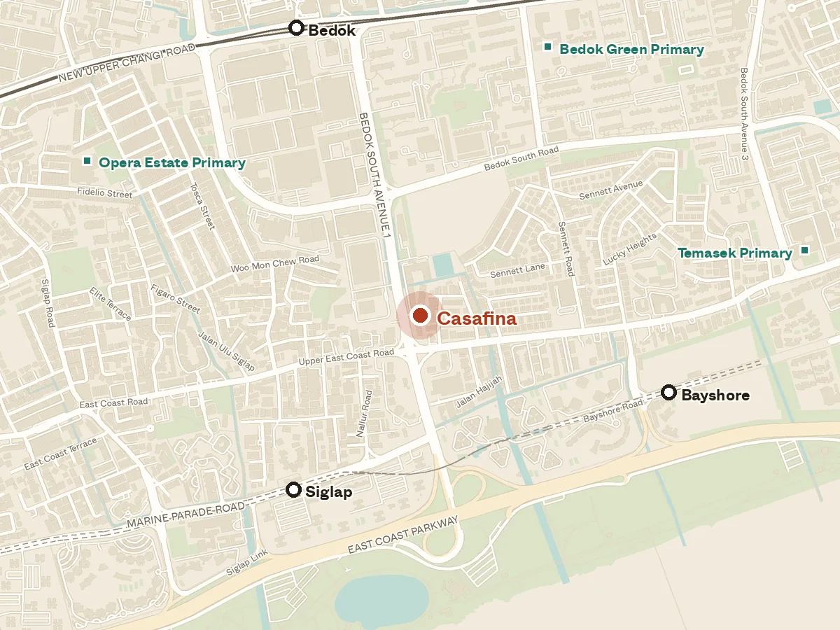 Map of the area around Casafina, with nearby MRT stations and primary schools