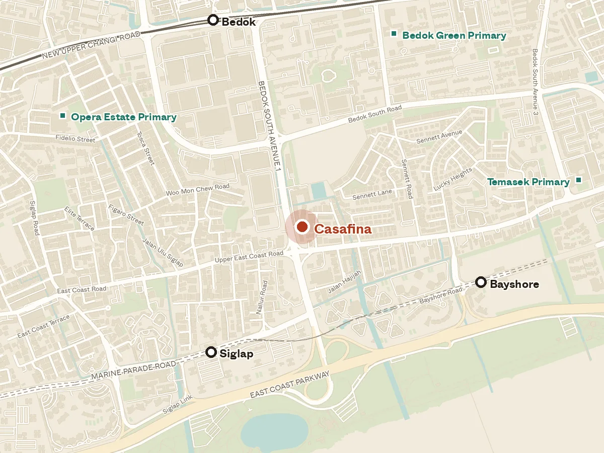 Map of the area around Casafina, with nearby MRT stations and primary schools