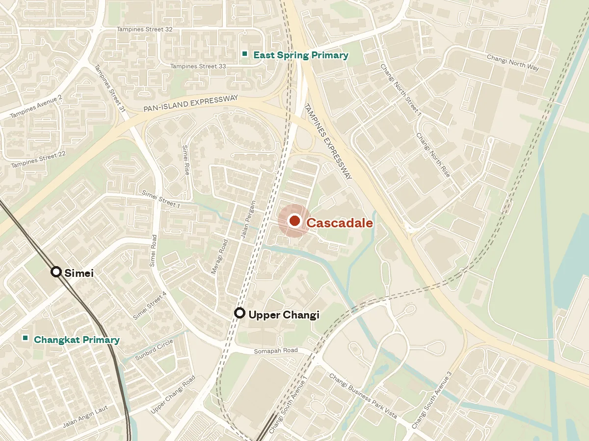 Map of the area around Cascadale, with nearby MRT stations and primary schools