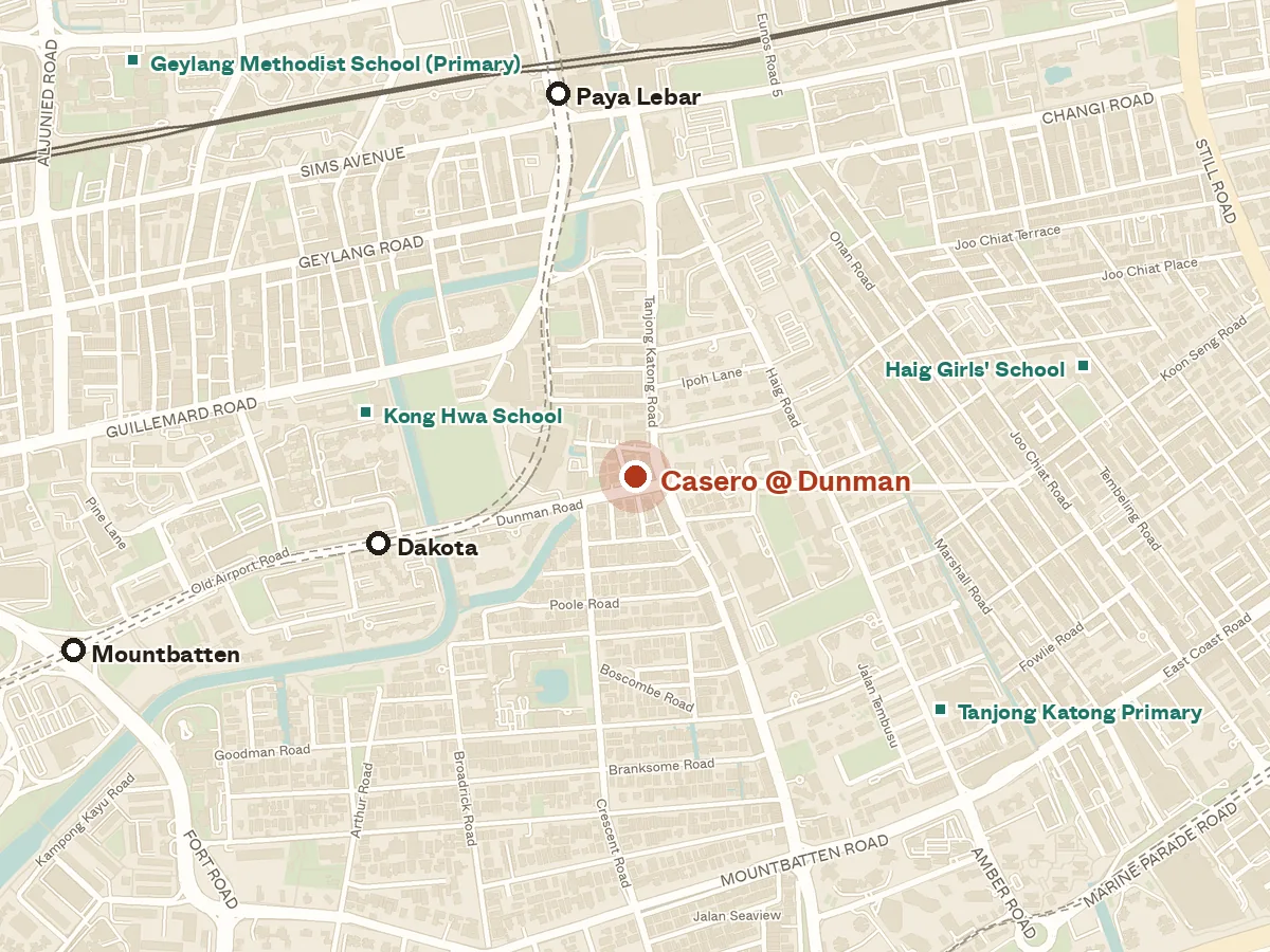 Map of the area around Casero @ Dunman, with nearby MRT stations and primary schools