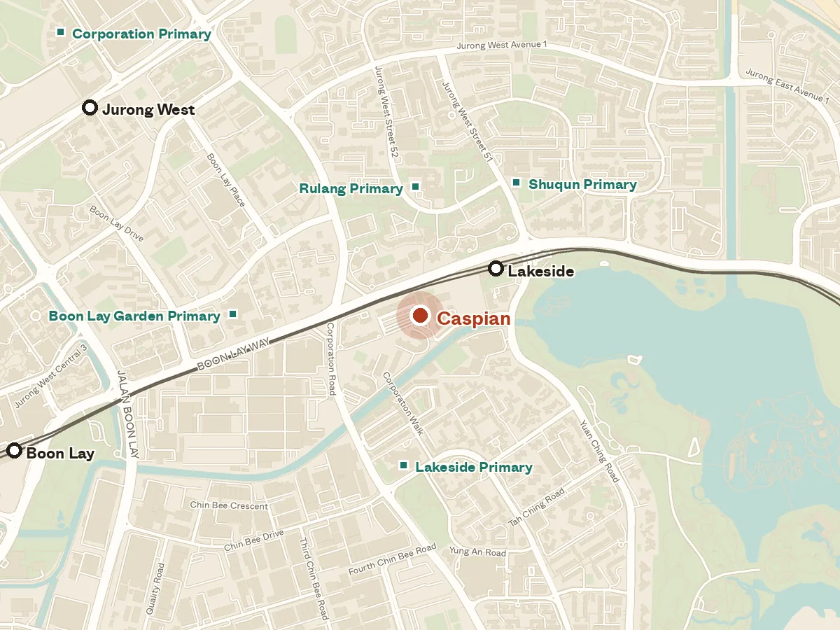 Map of the area around Caspian, with nearby MRT stations and primary schools