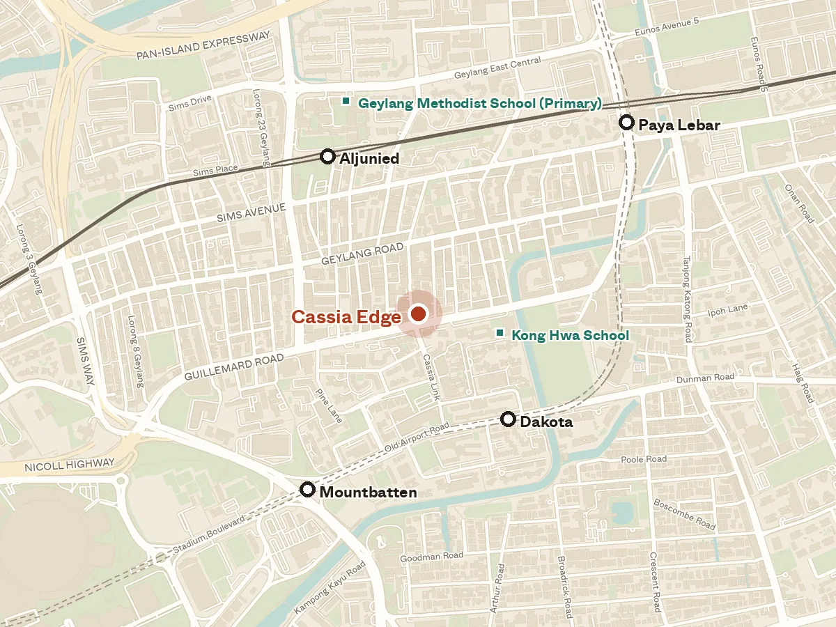 Map of the area around Cassia Edge, with nearby MRT stations and primary schools