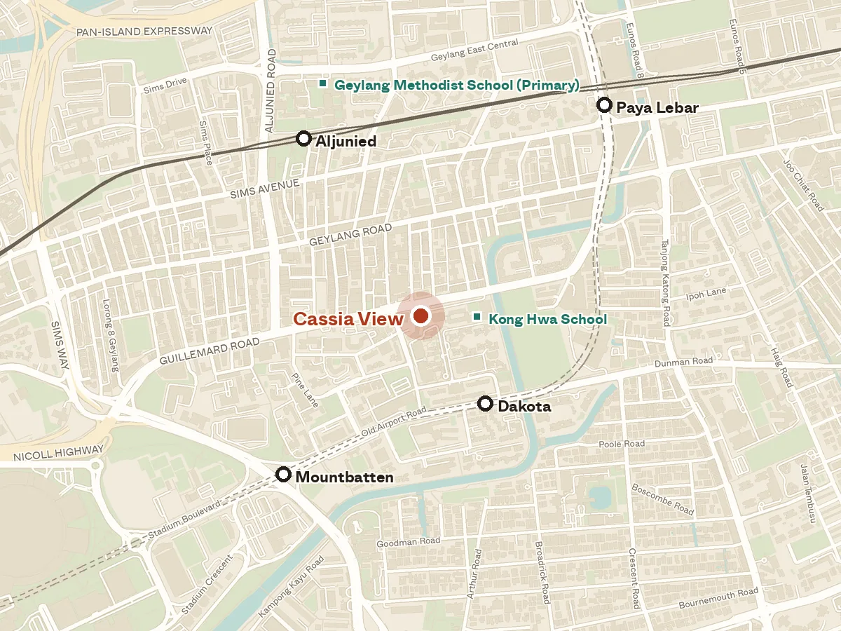 Map of the area around Cassia View, with nearby MRT stations and primary schools