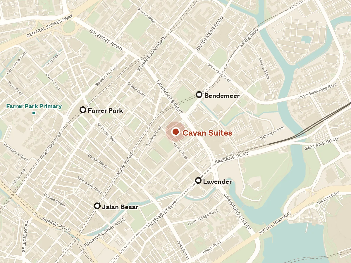 Map of the area around Cavan Suites, with nearby MRT stations and primary schools