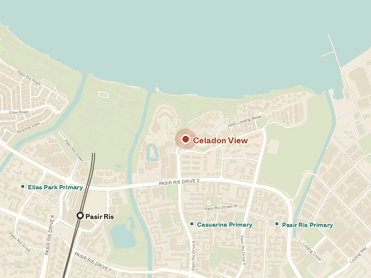 Map of the area around Celadon View, with nearby MRT stations and primary schools