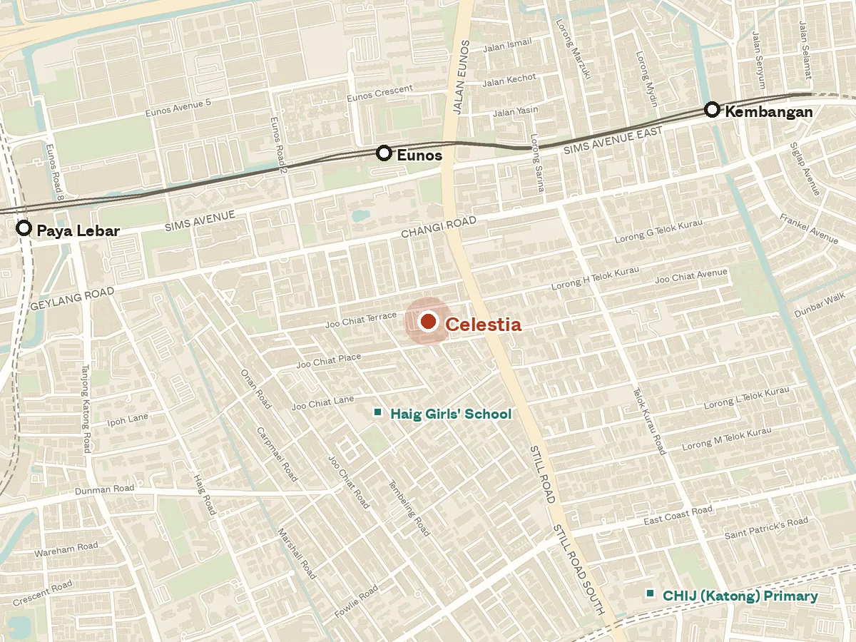 Map of the area around Celestia, with nearby MRT stations and primary schools