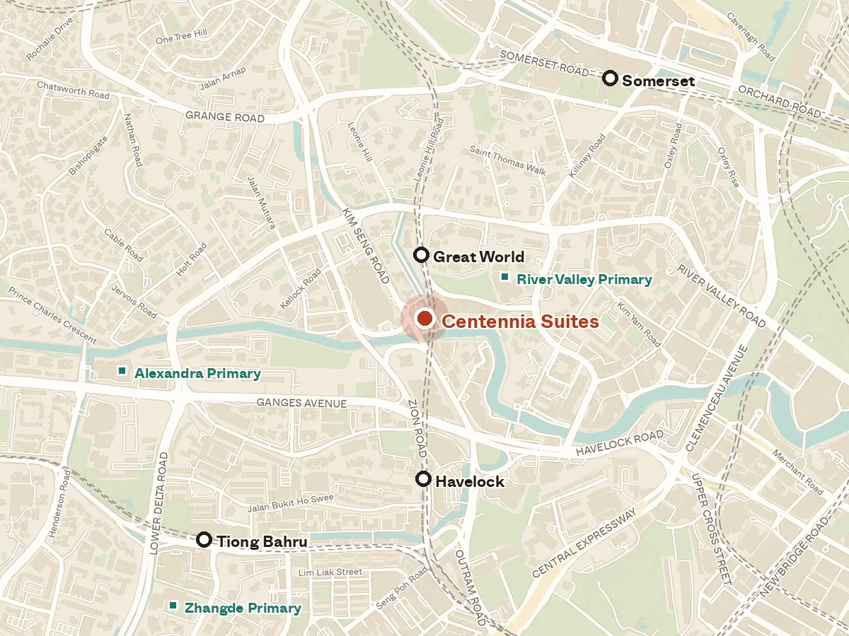 Map of the area around Centennia Suites, with nearby MRT stations and primary schools