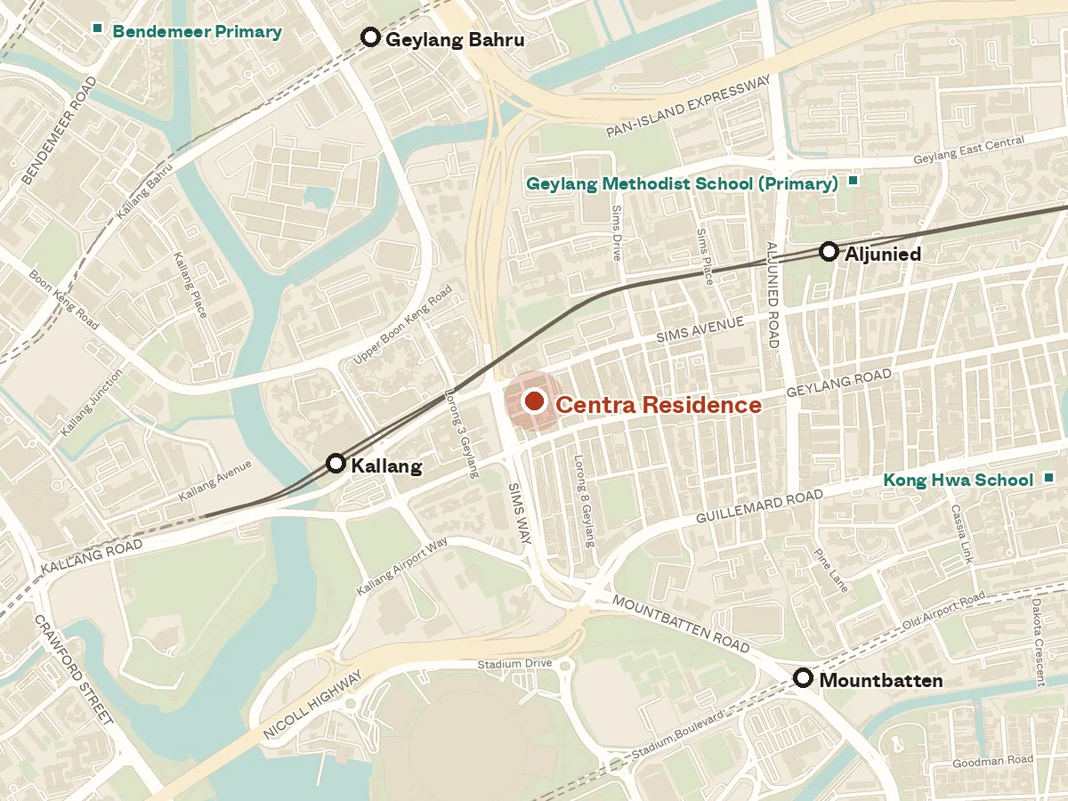 Map of the area around Centra Residence, with nearby MRT stations and primary schools