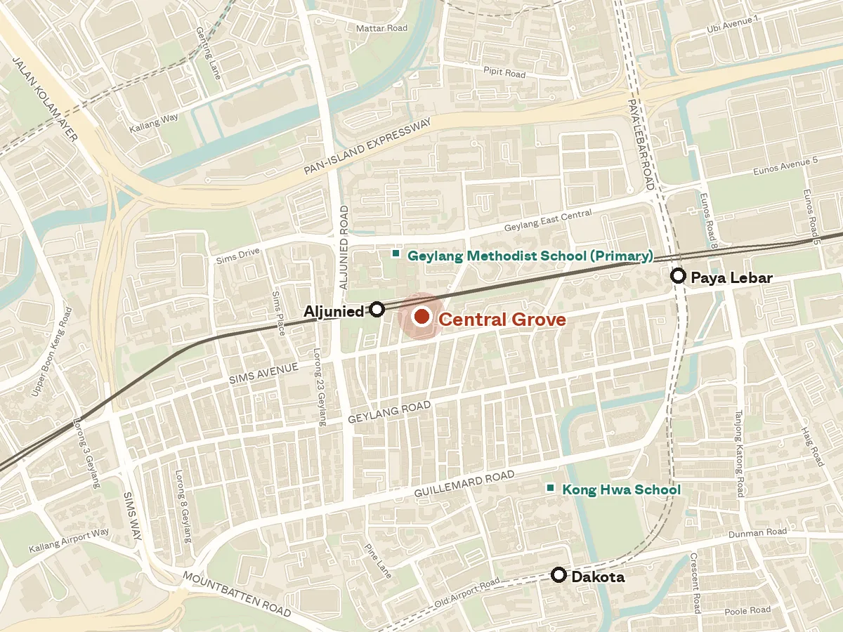 Map of the area around Central Grove, with nearby MRT stations and primary schools
