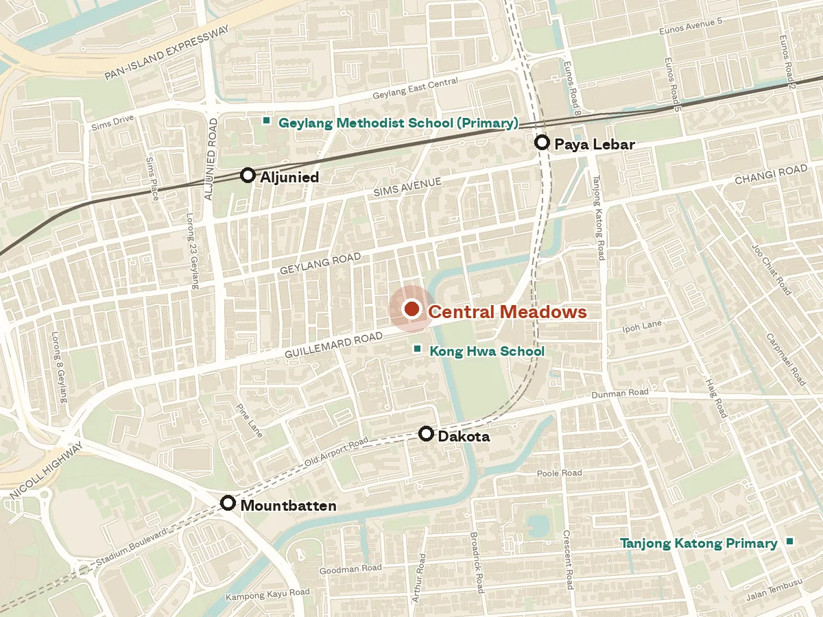 Map of the area around Central Meadows, with nearby MRT stations and primary schools