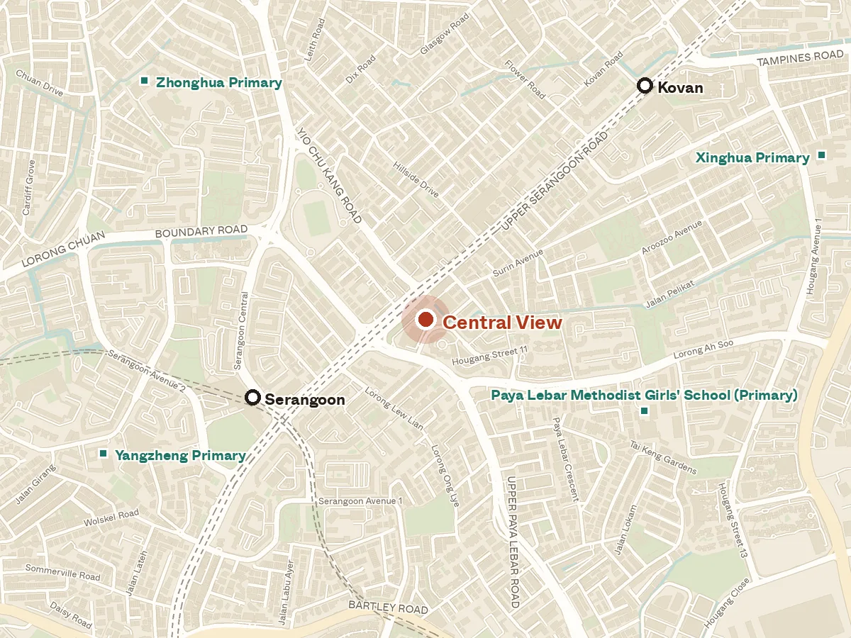 Map of the area around Central View, with nearby MRT stations and primary schools