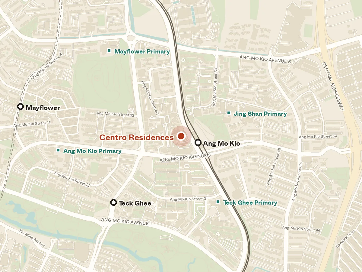 Map of the area around Centro Residences, with nearby MRT stations and primary schools