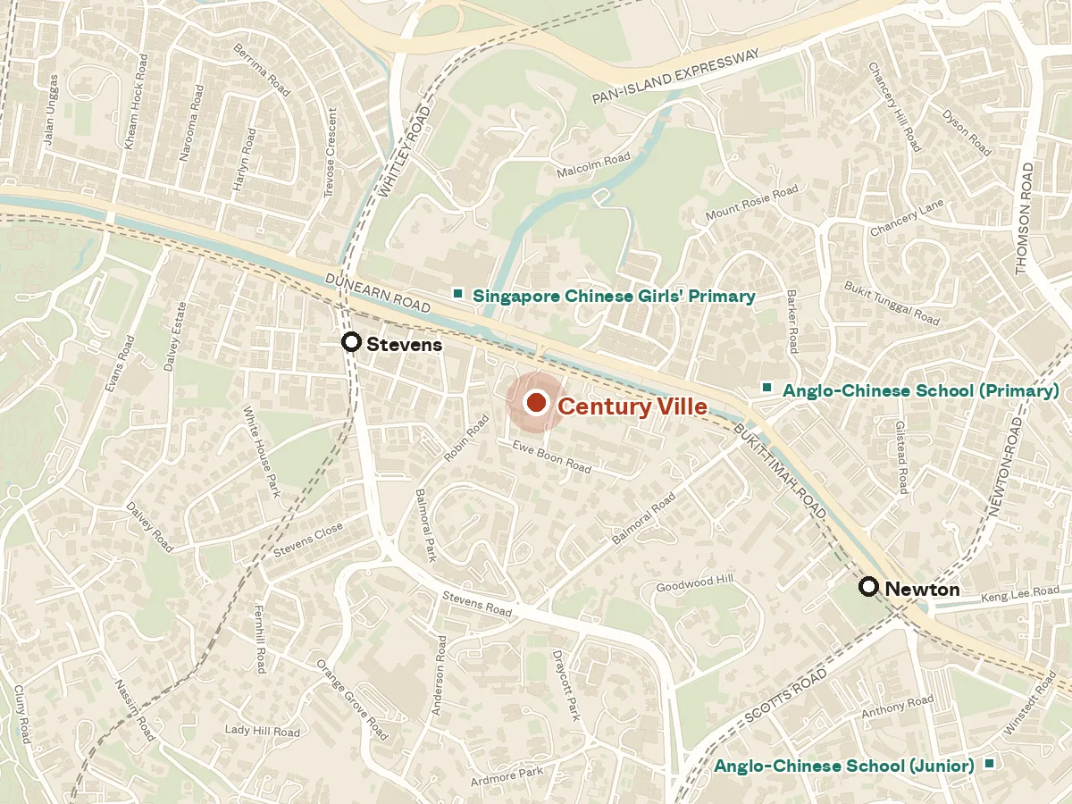 Map of the area around Century Ville, with nearby MRT stations and primary schools