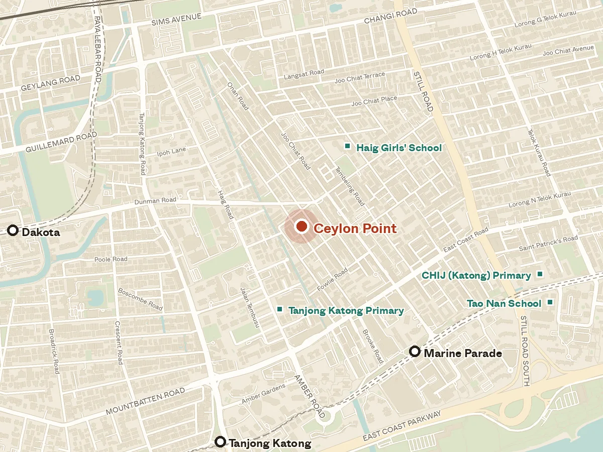 Map of the area around Ceylon Point, with nearby MRT stations and primary schools
