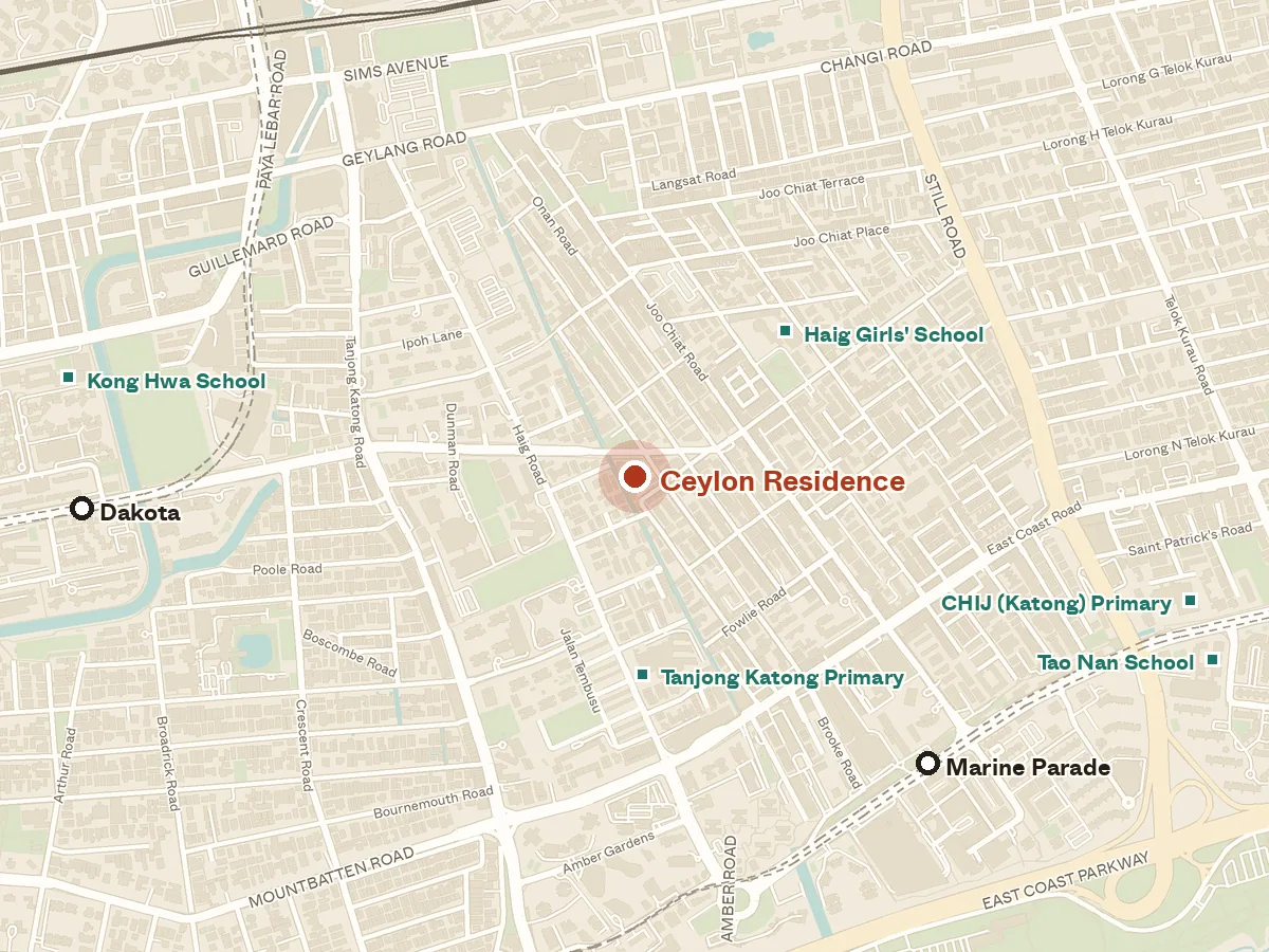 Map of the area around Ceylon Residence, with nearby MRT stations and primary schools