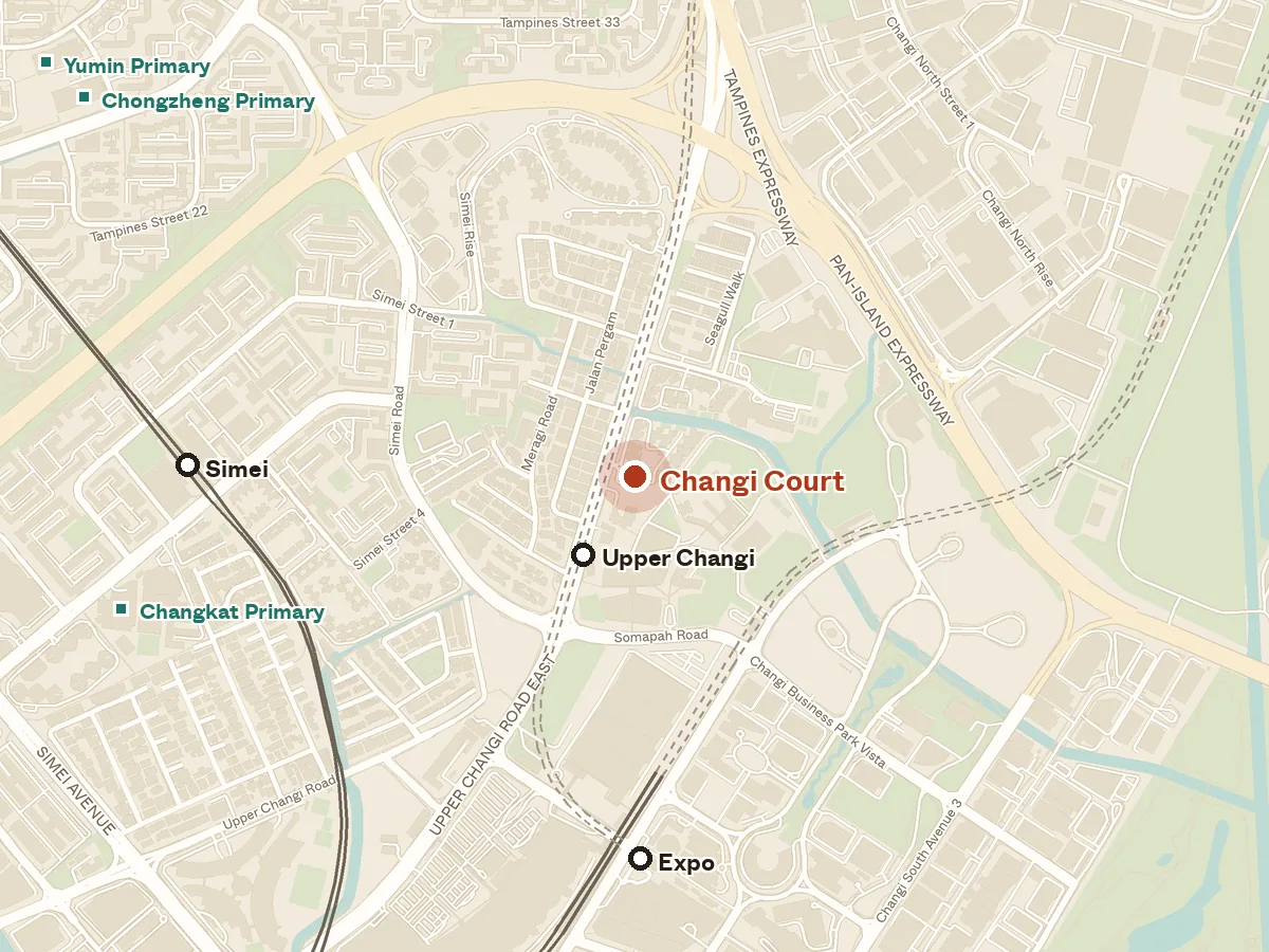 Map of the area around Changi Court, with nearby MRT stations and primary schools