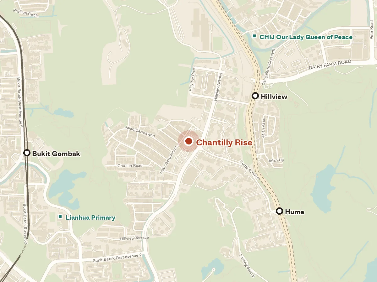 Map of the area around Chantilly Rise, with nearby MRT stations and primary schools