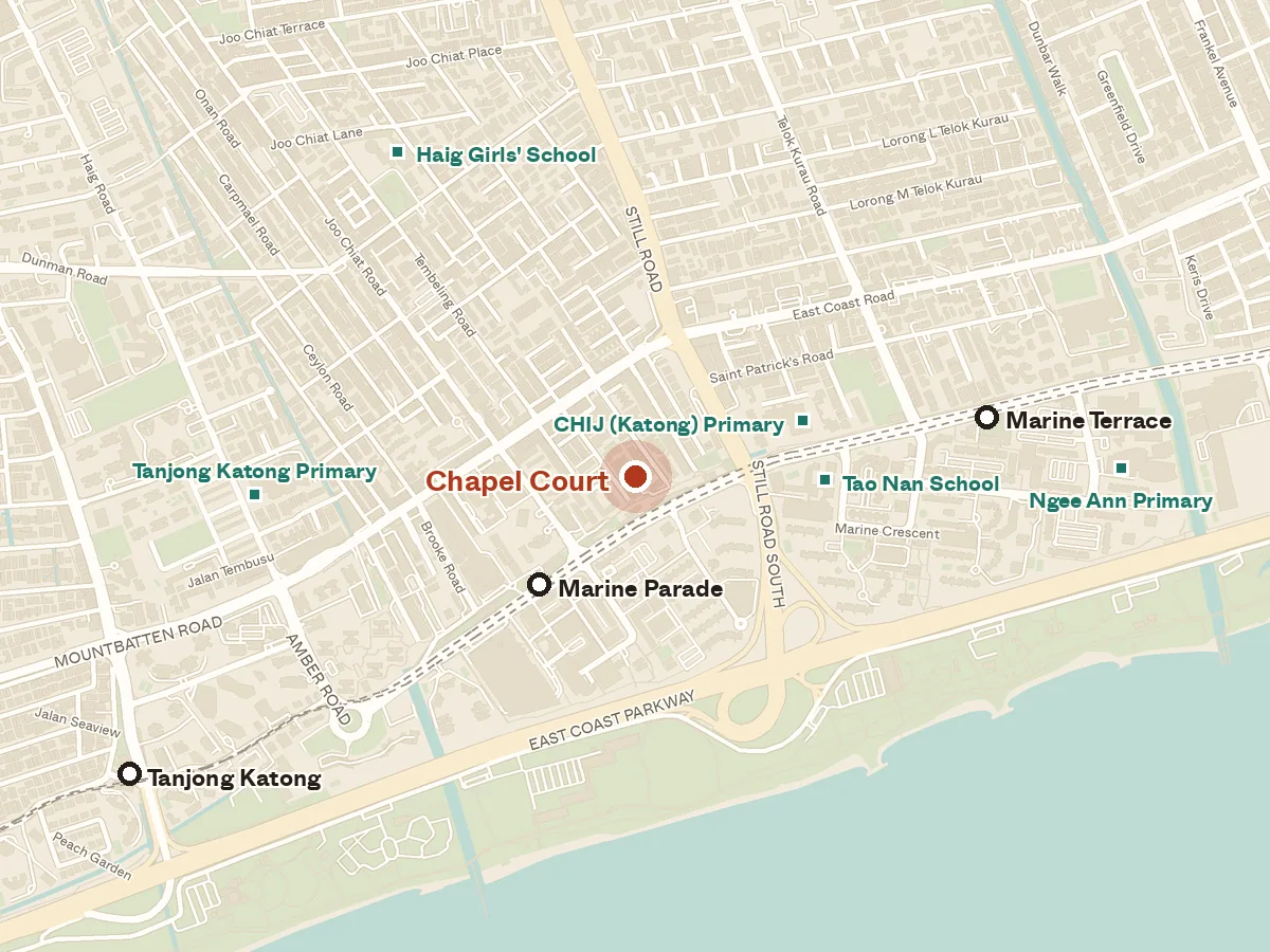 Map of the area around Chapel Court, with nearby MRT stations and primary schools