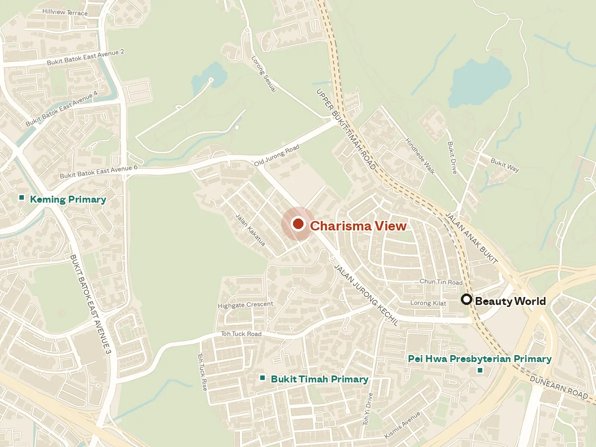 Map of the area around Charisma View, with nearby MRT stations and primary schools