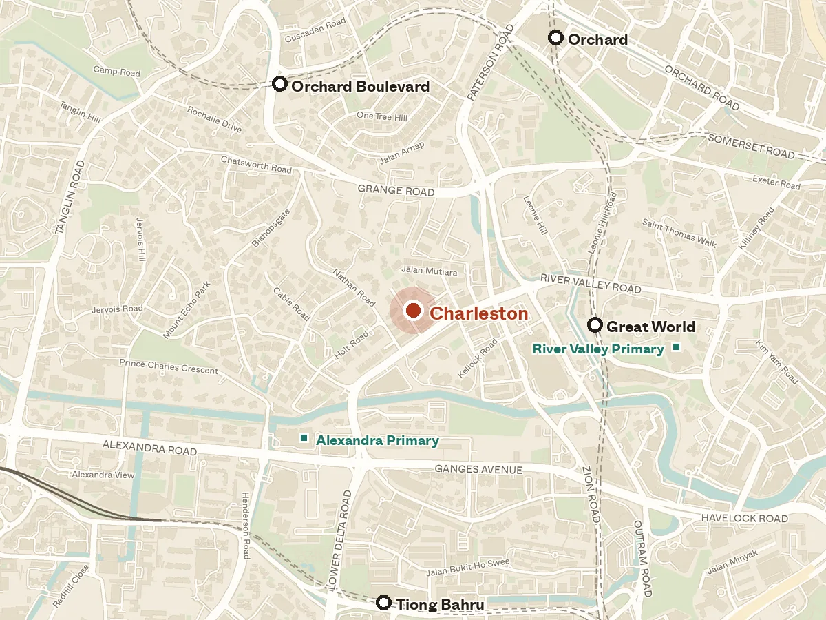 Map of the area around Charleston, with nearby MRT stations and primary schools